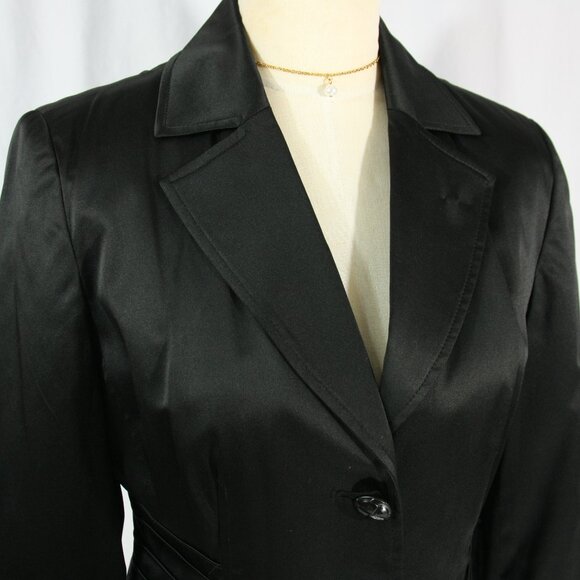 Sharagano Black Satin Notched Collar Blazer Jacket Leopard Print Lining 4 - Picture 3 of 9